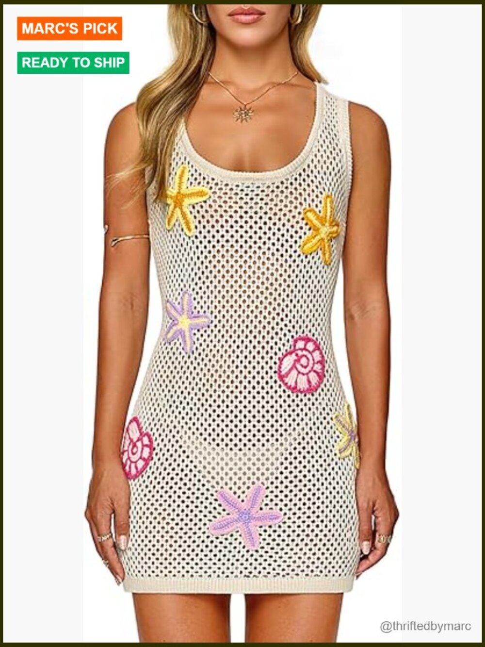Women's Crochet Beach Cover Up with Hand-Embellished 3D Starfish Seashells